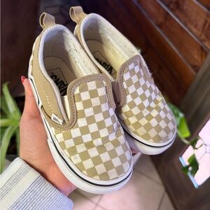 Vans Kids Beige and White Checkered Slip-On Sneakers